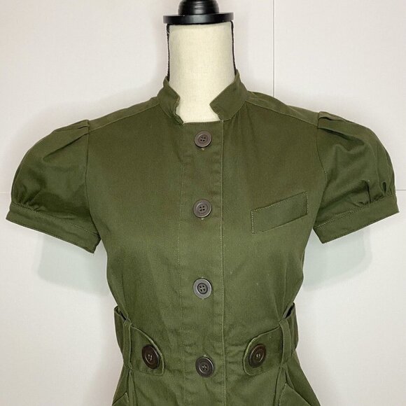 Jill Jill Stuart Short Sleeve Button Down Dress Size 6 Olive Green Lined Stretch - Picture 2 of 8